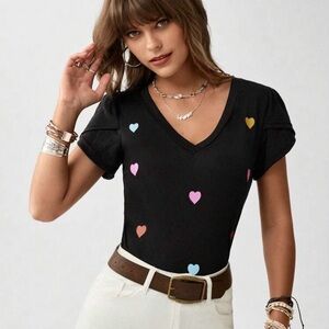 Heart Patterned Black V-Neck Top